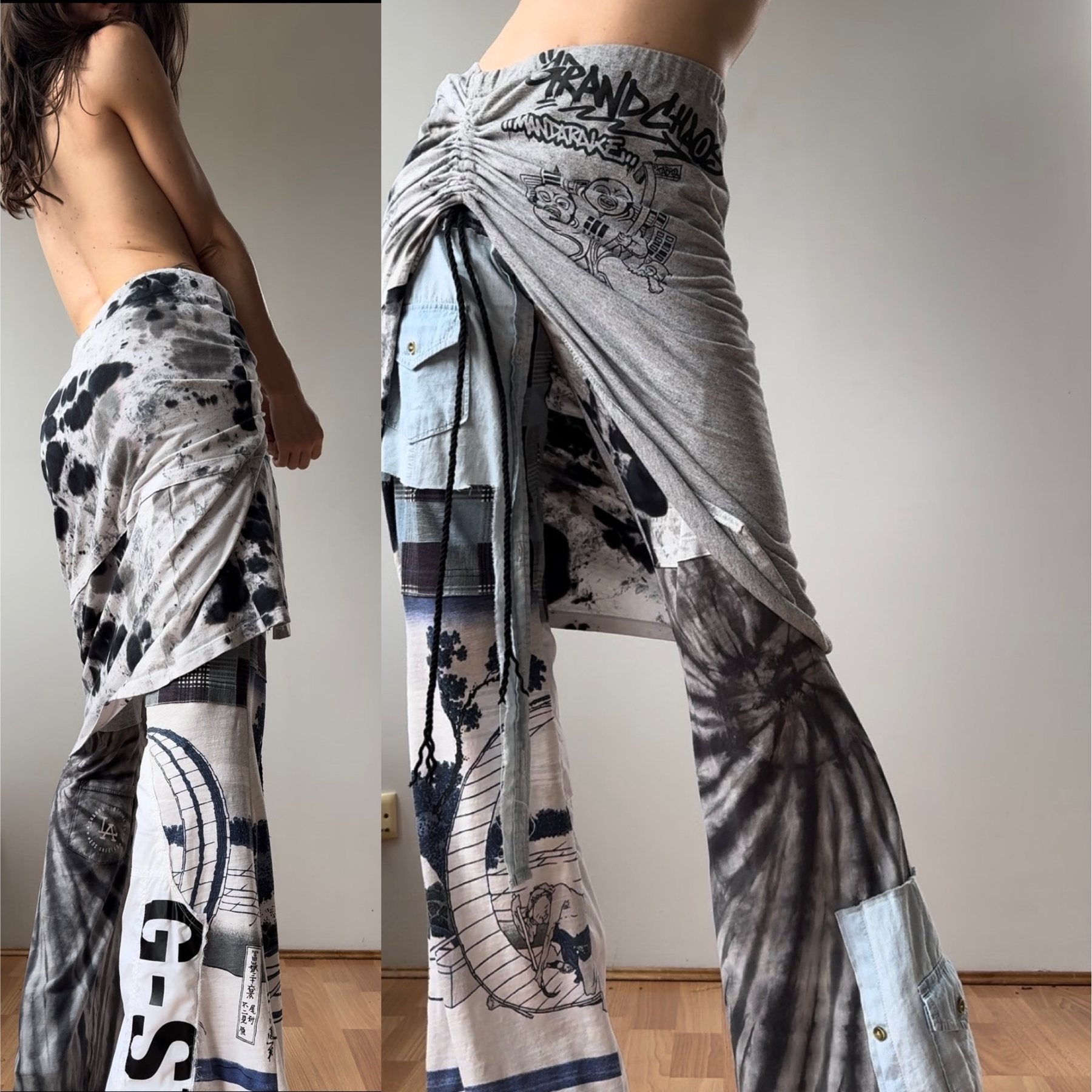 Custom upcycled printed wrap trousers